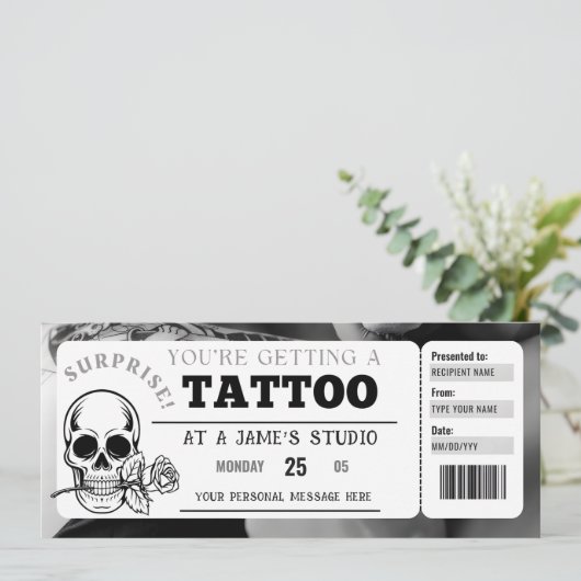 Persoonlijke Tattoo Ticket Cadeaubon Sjabloon Kaart (Staand voorkant)