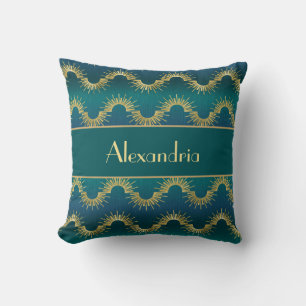 Persoonlijke teal & gouden Art Deco zonnestraal na Kussen