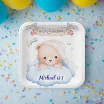 Persoonlijke teddybeer 1e verjaardag papieren bord