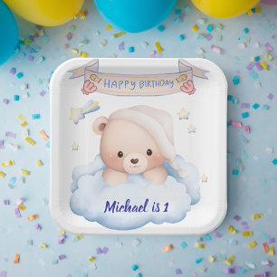 Persoonlijke teddybeer 1e verjaardag papieren bord