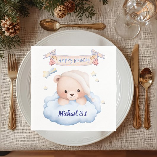 Persoonlijke teddybeer 1e verjaardag papieren serv servet