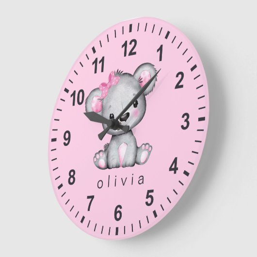 Persoonlijke teddybeer babymeisje roze grote klok (Hoek)