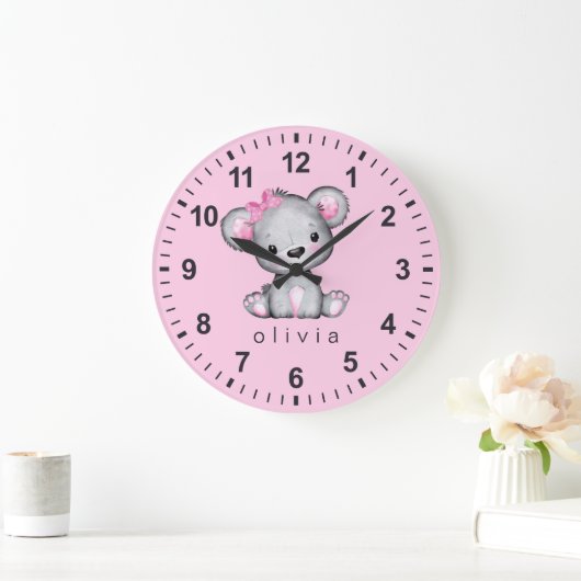 Persoonlijke teddybeer babymeisje roze grote klok (Huis)