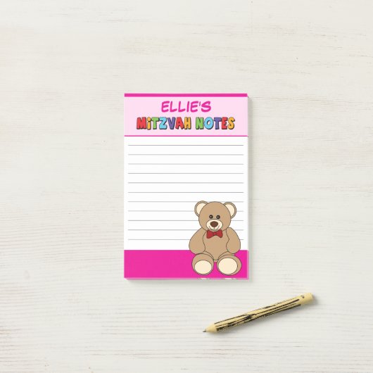 Persoonlijke teddybeer Bar Mitswa Roze Post-it® Notes (Op bureau)