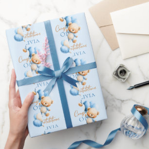 Persoonlijke teddybeer jongens baby shower cadeaupapier