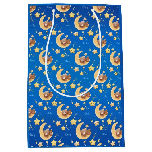 Persoonlijke teddybeer-maan-babyshower medium cadeauzakje (Voorkant)