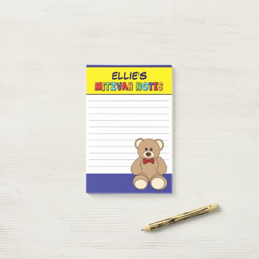 Persoonlijke teddybeer Mitzvah - Geel Blauw Post-it® Notes (Op bureau)