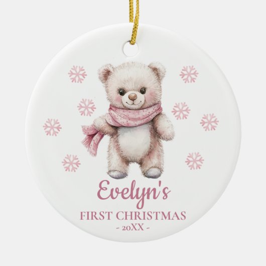 Persoonlijke teddybeer voor meisjes eerste kerst keramisch ornament (Voorkant)