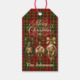 Persoonlijke teddybeerornament geruit Kerstmis Cadeaulabel