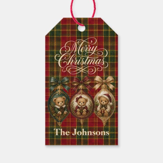 Persoonlijke teddybeerornament geruit Kerstmis Cadeaulabel (Voorkant)