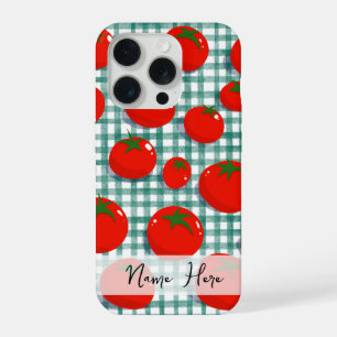 Persoonlijke Tomaat op Groene Gingham Hoortelefoon iPhone 15 Pro Case