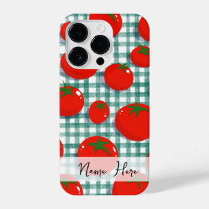 Persoonlijke Tomaat op Groene Gingham Hoortelefoon iPhone 14 Plus Hoesje