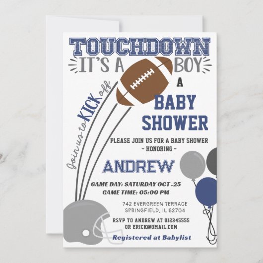 Persoonlijke Touchdown Navy Blue football Baby sho Kaart (Voorkant)