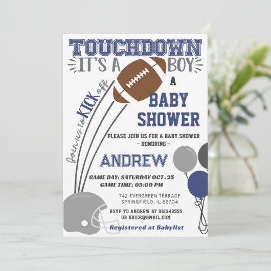 Persoonlijke Touchdown Navy Blue football Baby sho Kaart (Staand voorkant)