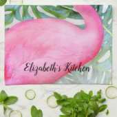 Persoonlijke Trendy Roze Flamingo Tropical Leaves Theedoek (Gevouwen)