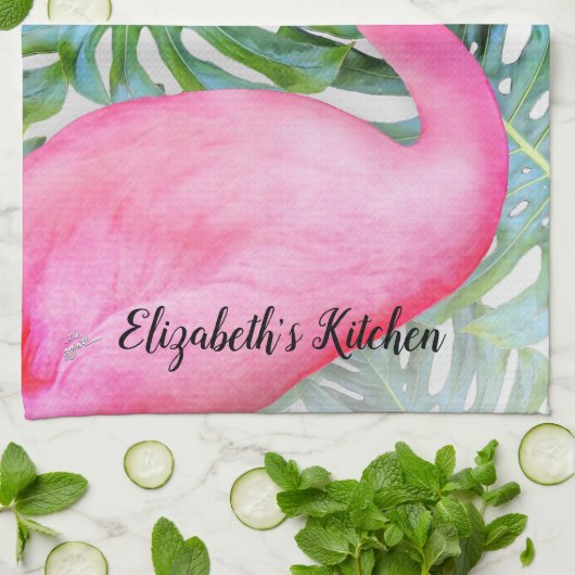 Persoonlijke Trendy Roze Flamingo Tropical Leaves Theedoek (Gevouwen)