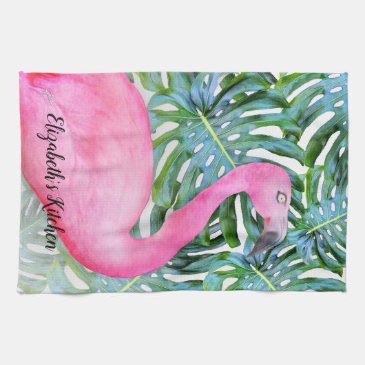 Persoonlijke Trendy Roze Flamingo Tropical Leaves Theedoek (Horizontaal)