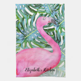 Persoonlijke Trendy Roze Flamingo Tropical Leaves Theedoek