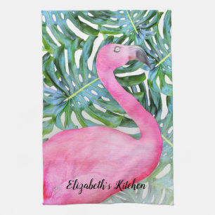 Persoonlijke Trendy Roze Flamingo Tropical Leaves Theedoek