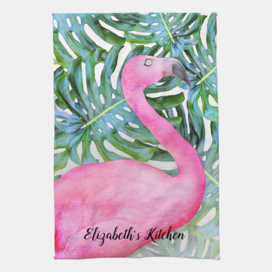 Persoonlijke Trendy Roze Flamingo Tropical Leaves Theedoek (Verticaal)