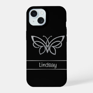 Persoonlijke Tribale Vlinder Zilver Glitters Zwart iPhone 15 Case