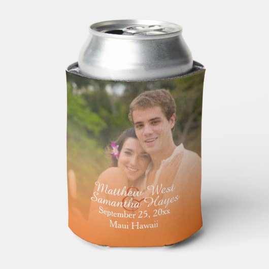 Persoonlijke Tropische Oranje Beach Weddenfoto Blikjeskoeler (Blikje Voorkant)
