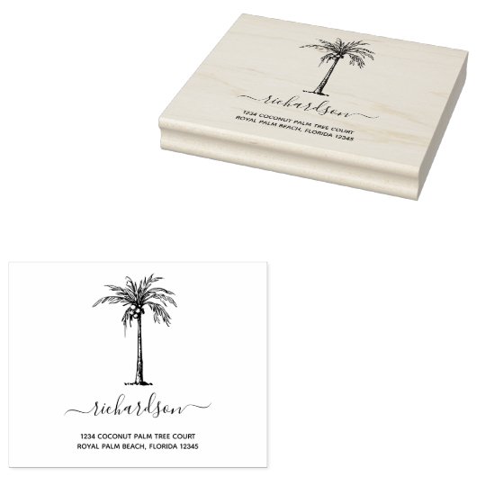 Persoonlijke Tropische Palmboom Moderne Script Rubberstempel (Gestempeld)