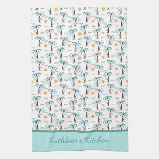 Persoonlijke Tropische Palmboom Zonneschijn Teal Theedoek (Verticaal)