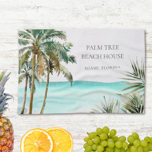Persoonlijke Tropische Palmboombladeren Blauwe Str Theedoek