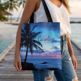 Persoonlijke tropische strand oceaan zonsondergang tote bag