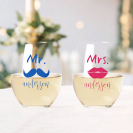 Persoonlijke trouwdag 'Meneer & Mevrouw Snor Lippe Wijnglas Zonder Voet
