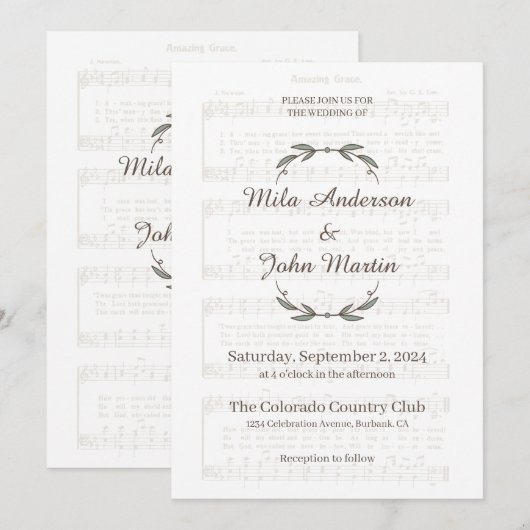 Persoonlijke trouwuitnodiging met muziekscore kaart (Voorkant / Achterkant)