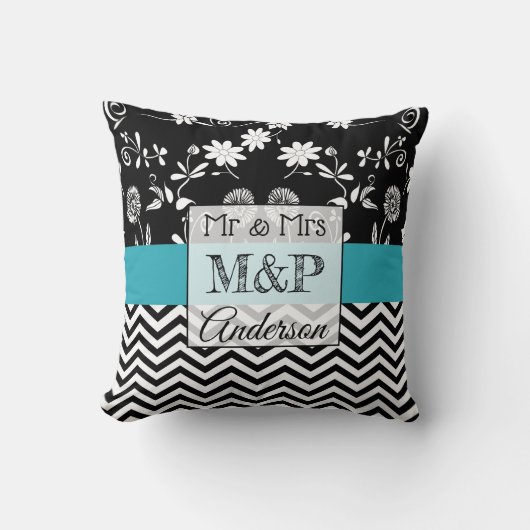 Persoonlijke Turquoise Black Wedding Pillow Kussen (Voorkant)