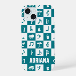 Persoonlijke turquoise en witte muzieknoten instru iPhone 15 case