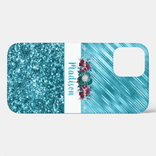 Persoonlijke Turquoise Floral Glitter Case-Mate iPhone Case (Achterkant (horizontaal))