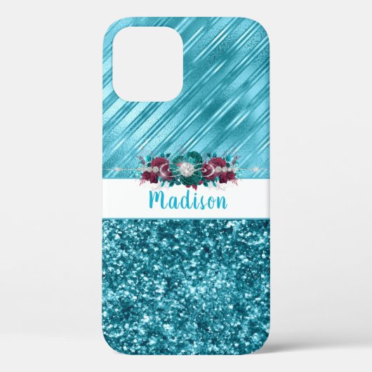 Persoonlijke Turquoise Floral Glitter Case-Mate iPhone Case (Achterkant)
