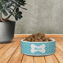 Persoonlijke turquoise geruite stof met pootafdruk voerbakje