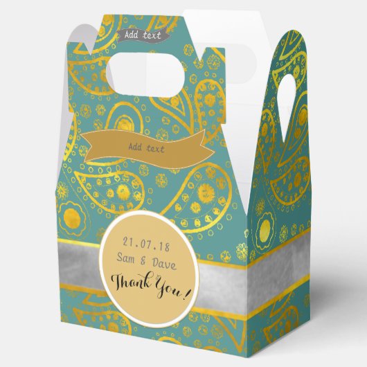 Persoonlijke Turquoise Gouden Paisley Gable Bedankdoosjes (Geopend)
