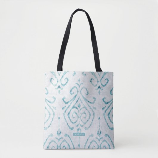 Persoonlijke Turquoise Ikat Pattern Bridesmaid Tote Bag (Voorkant)