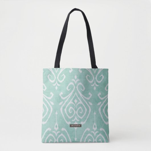 Persoonlijke Turquoise Ikat Pattern Bridesmaid Tote Bag (Voorkant)