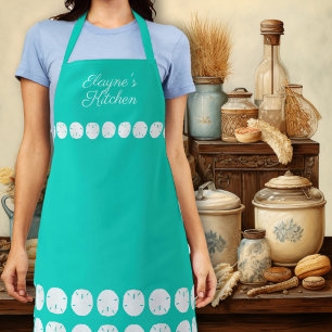 Persoonlijke turquoise keukenschort met zanddollar schort