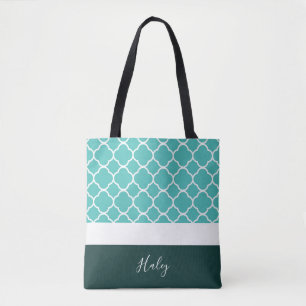 Persoonlijke Turquoise Quatrefoil met Donkere onde Tote Bag