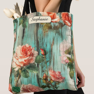 Persoonlijke Turquoise Shabby Chic Roos Boodschapp Tote Bag