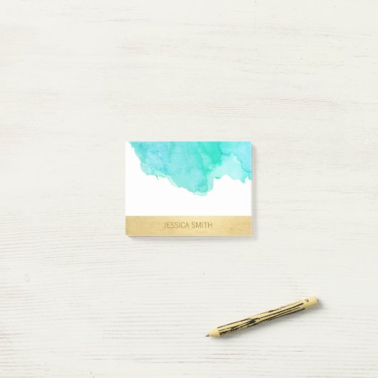 Persoonlijke Turquoise Waterverf Faux Gold Foil Post-it® Notes (Op bureau)