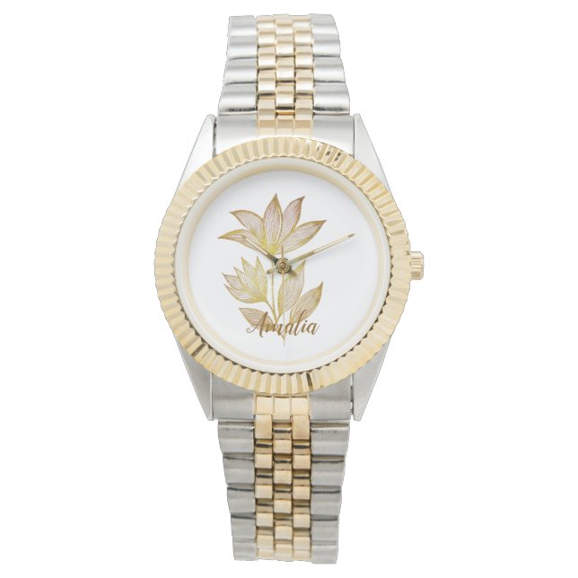 Persoonlijke Twee-Toons Gouden Bloemen Horloge (Voorkant)