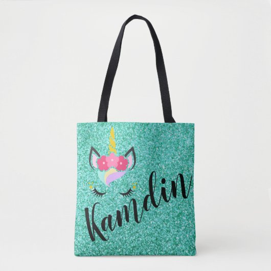 Persoonlijke Unicorn Blauwgroen Glitter Canvas tas (Voorkant)