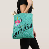 Persoonlijke Unicorn Blauwgroen Glitter Canvas tas (Dichtbij)