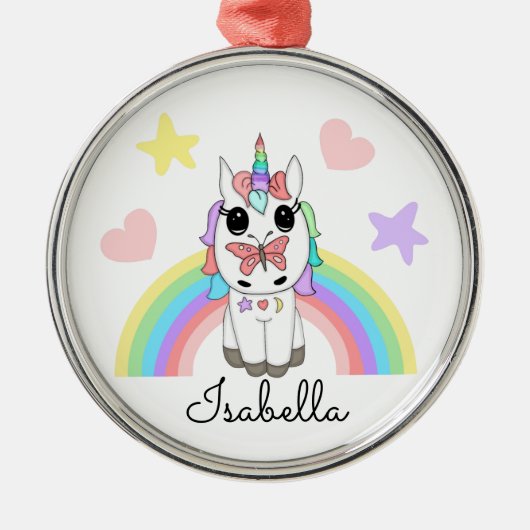 Persoonlijke Unicorn, Butterfly en Rainbow Metalen Ornament (Voorkant)