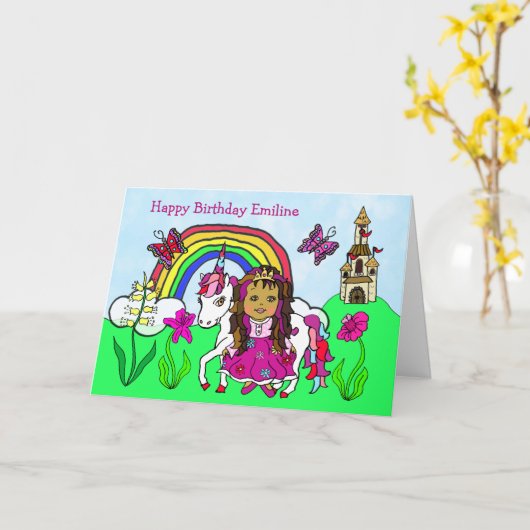 Persoonlijke Unicorn en prinses Birthday Kaart (Gele Bloem)