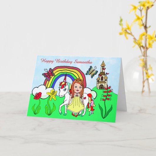 Persoonlijke Unicorn en prinses Birthday Kaart (Gele Bloem)